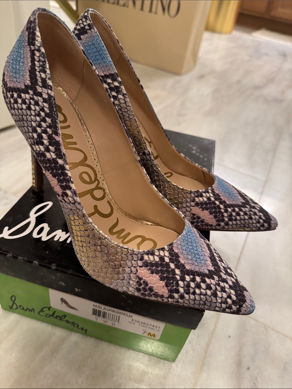 Sam Edelman Hazel Pointed Snake-Print Pump in Blue and Pink